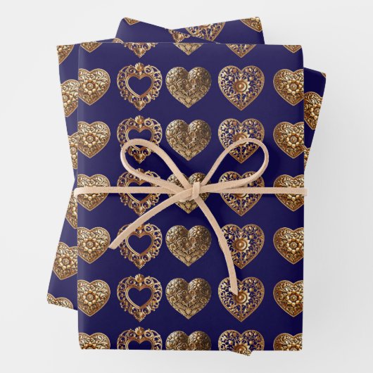 Luxurious Golden Baroque Hearts Pattern on Navy Bl Inpakpapier Vel (In situ)
