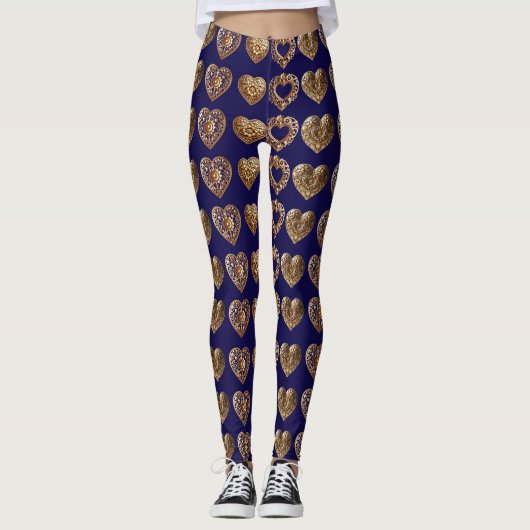 Luxurious Golden Baroque Hearts Pattern on Navy Bl Leggings (Voorkant)