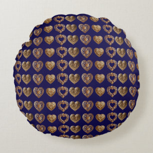 Luxurious Golden Baroque Hearts Pattern on Navy Bl Rond Kussen