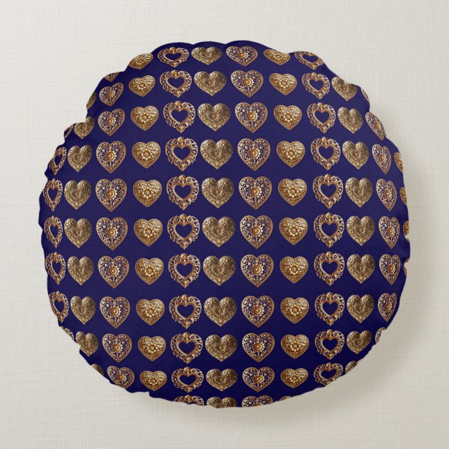 Luxurious Golden Baroque Hearts Pattern on Navy Bl Rond Kussen (Voorkant)