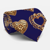Luxurious Golden Baroque Hearts Pattern on Navy Bl Stropdas (Opgerold)