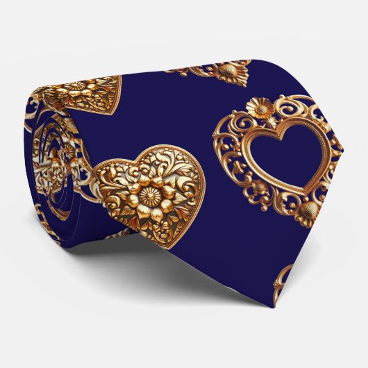 Luxurious Golden Baroque Hearts Pattern on Navy Bl Stropdas (Opgerold)