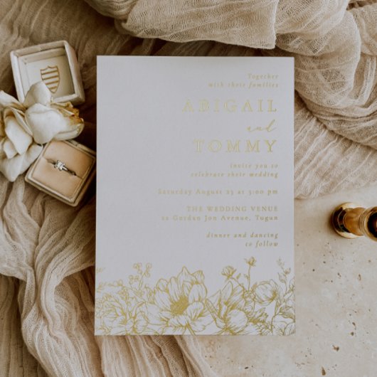 Luxurious Golden Floral Wedding Folie Uitnodiging