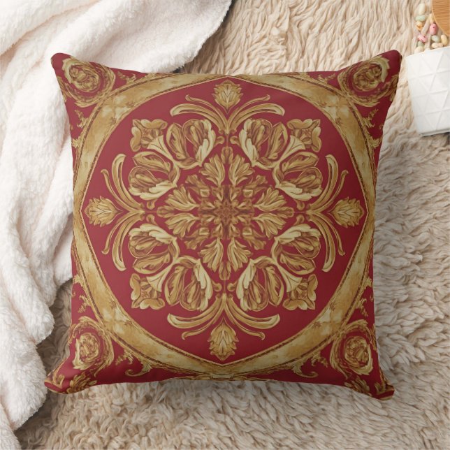 Luxurious Golden Red Ornate Accent Pillow for Sofa Kussen (Deken)
