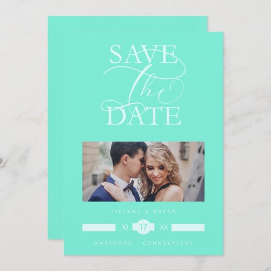 Luxurious Iconic Light Blue Photo Exquisite Script Save The Date (Voorkant / Achterkant)
