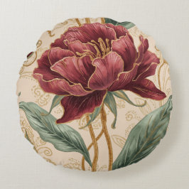 Luxurious, Maroon Gold Flowers Design Art  Rond Kussen