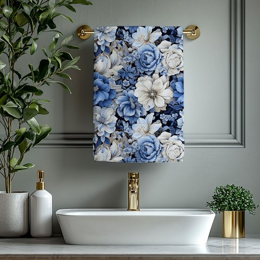 Luxurious Navy Blue Flowers Bath Towel Set Bad Handdoek