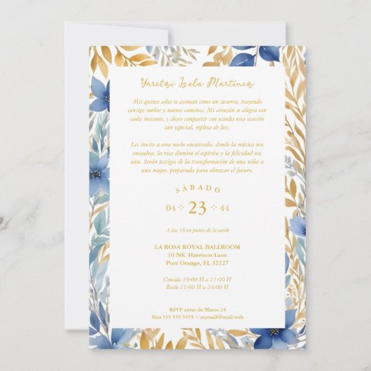 Luxurious Navy Blue & Gold Exquisite Tiara XV's Kaart (Achterkant)