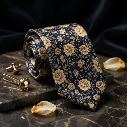 Luxurious Navy Blue Gold Floral Damask Stropdas