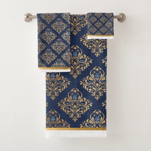 LUXURIOUS NAVY GOLD TRIM HAMPTON TOWEL SET BAD HANDDOEK (Insitu)