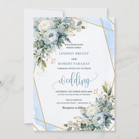 Luxurious Pastel Blue Gold Peonies Wedding Invite Kaart (Voorkant)