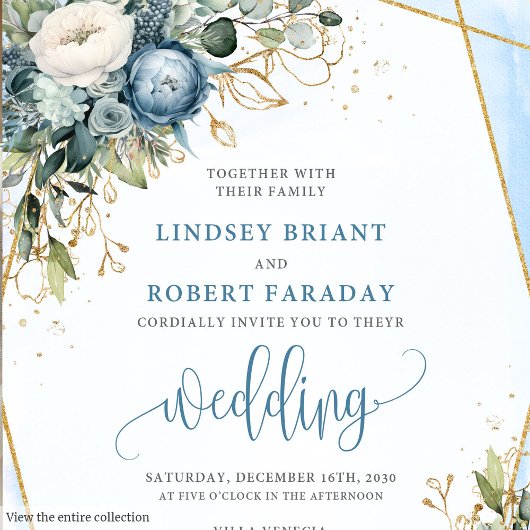 Luxurious Pastel Blue Gold Peonies Wedding Invite Kaart