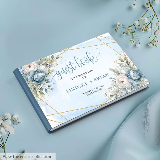 Luxurious Pastel Blue White Gold Flowers Wedding Gastenboek