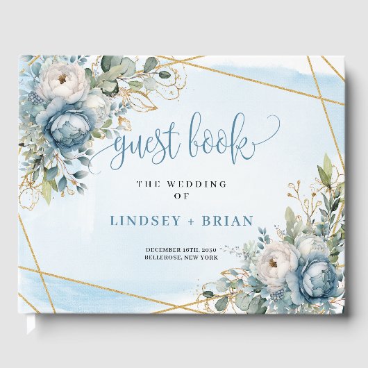Luxurious Pastel Blue White Gold Flowers Wedding Gastenboek (Voorkant)
