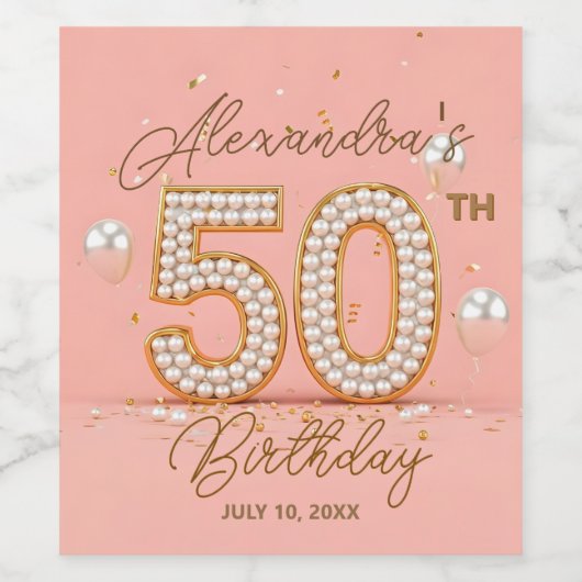 Luxurious Pearl Soft Pink Gold 50th Birthday  Wijn Etiket (Enkel label)