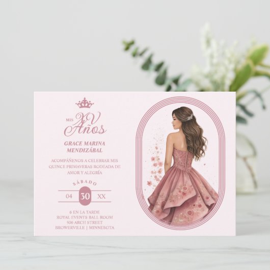 Luxurious Pink Oval Frame Charming Quinceañera Kaart (Staand voorkant)