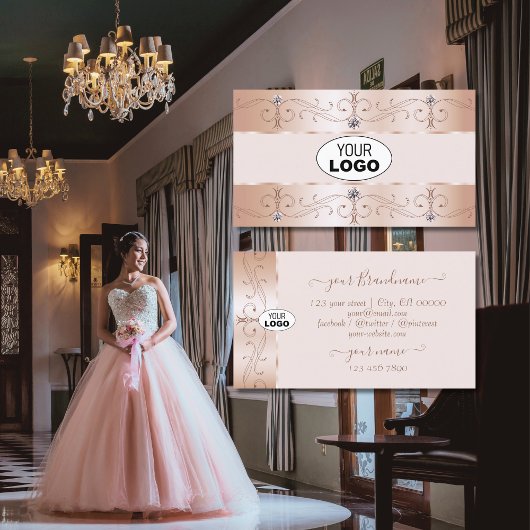 Luxurious Rose Gold Ornate Borders Jewels Add Logo Visitekaartje