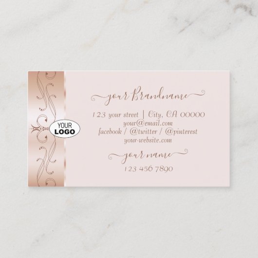 Luxurious Rose Gold Ornate Borders Jewels Add Logo Visitekaartje (Achterkant)