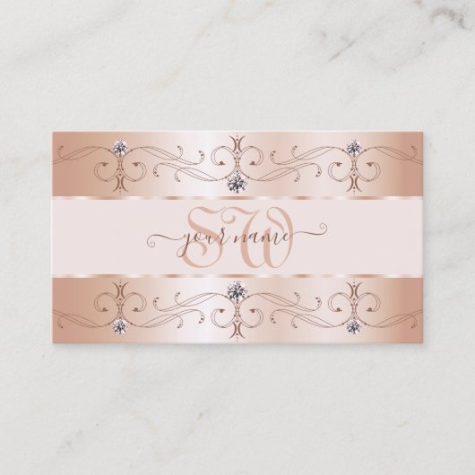 Luxurious Rose Gold Ornate Borders Jewels Monogram Visitekaartje (Voorkant)