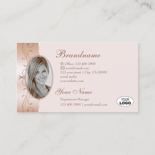 Luxurious Rose Gold Ornate Borders Logo and Photo Visitekaartje (Achterkant)