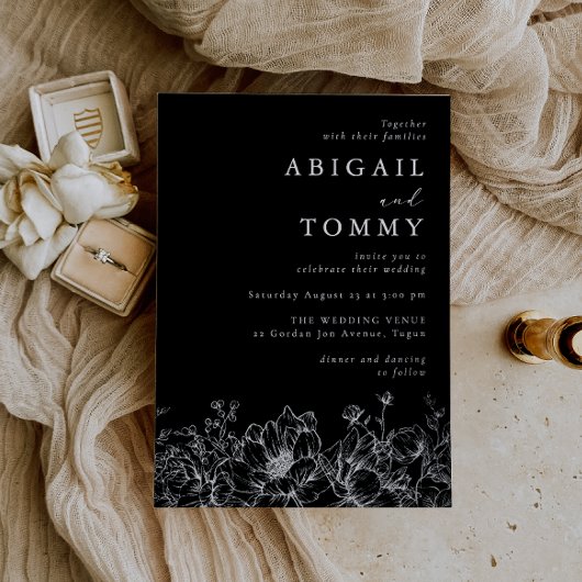 Luxurious Silver Foil Floral Modern Black Wedding Folie Uitnodiging