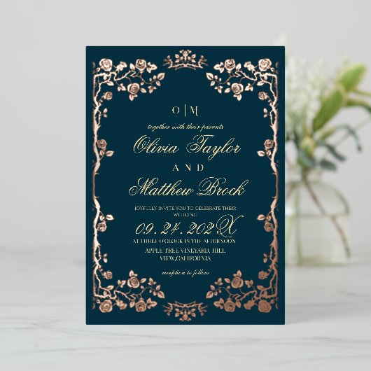 Luxurious Teal Gold Foil Floral Wedding Folie Uitnodiging (Staand Voorkant)