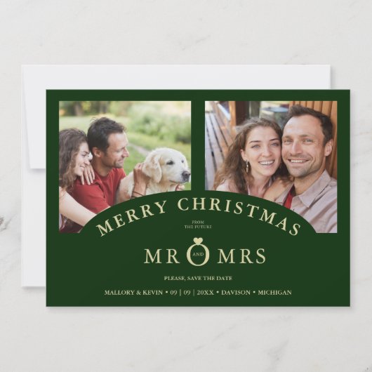 Luxurious Trendy Dark Green Christmas 2 Photos Save The Date (Voorkant)