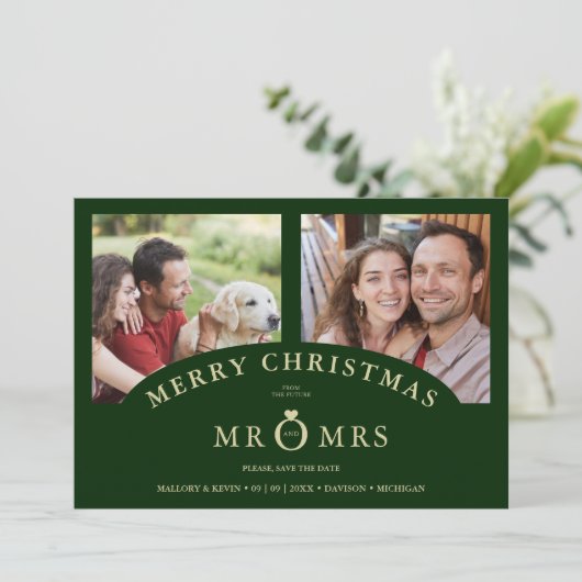 Luxurious Trendy Dark Green Christmas 2 Photos Save The Date (Staand voorkant)