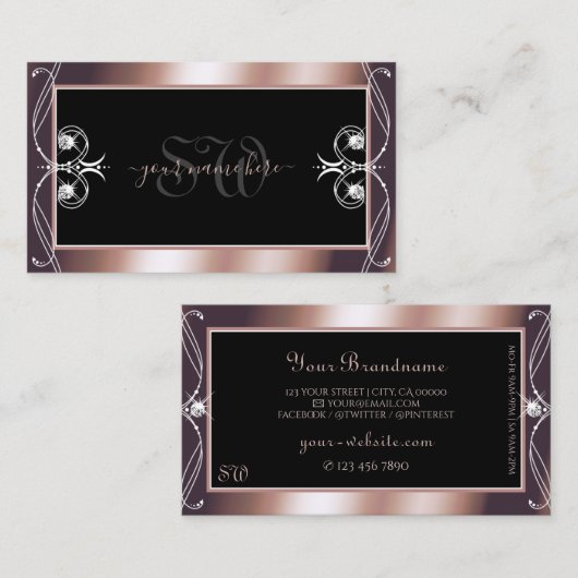 Luxurous Black Roos Gold Sparkle Jewels Monogram Visitekaartje (Voorkant / Achterkant)
