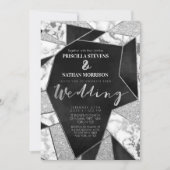 Luxurous Silver Black Glitter Geo Marble Wedding Kaart (Voorkant)