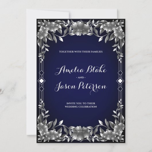 Luxurous Silver Carving Foliage Wedding Kaart (Voorkant)