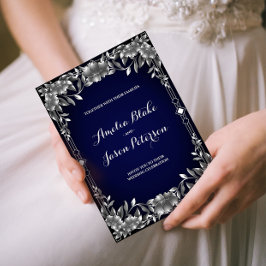 Luxurous Silver Carving Foliage Wedding Kaart