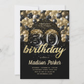 Luxury 30th Birthday Black Gold ballon Glitter Kaart (Voorkant)