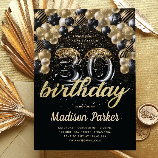 Luxury 30th Birthday Black Gold ballon Glitter Kaart