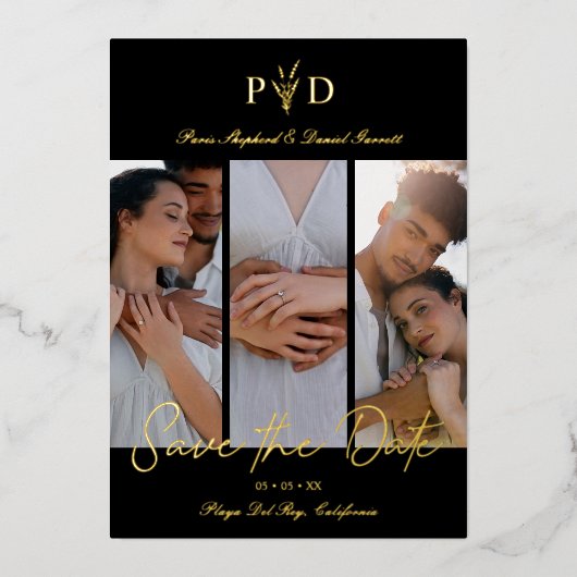 Luxury 3 Wedding Photos Collage Simple Branches Folie Uitnodiging (Voorkant)