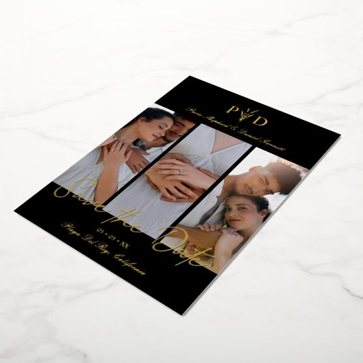 Luxury 3 Wedding Photos Collage Simple Branches Folie Uitnodiging (Gedraaid)