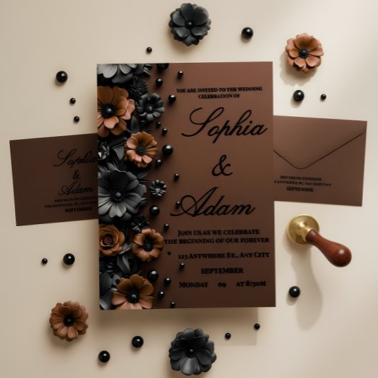 Luxury 3D Floral Bronze & Black Wedding Invitation Folie Uitnodiging