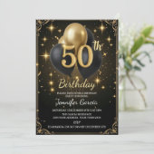 Luxury 50th Birthday Black Gold Balloon Glitter Kaart (Staand voorkant)