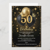 Luxury 50th Birthday Black Gold Balloon Glitter Kaart (Voorkant / Achterkant)