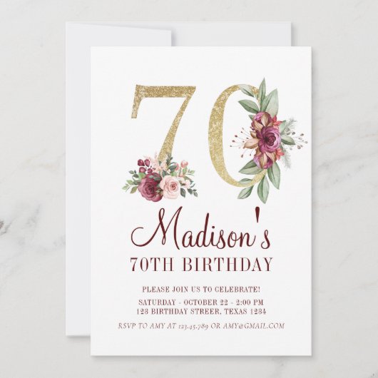 Luxury 70th Birthday Burgundy Gold Floral Kaart (Voorkant)