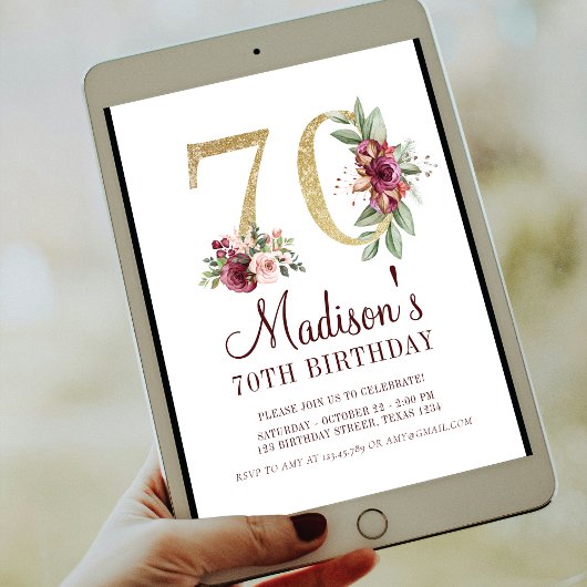 Luxury 70th Birthday Burgundy Gold Floral Kaart