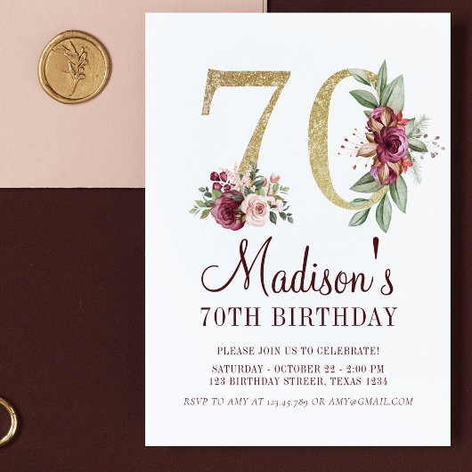 Luxury 70th Birthday Burgundy Gold Floral Kaart