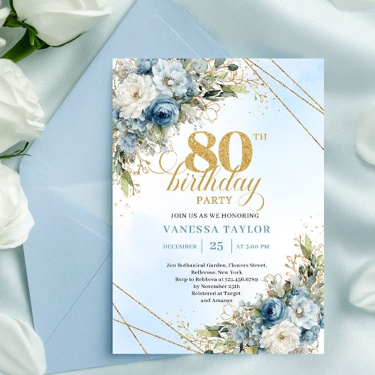 Luxury 80th Birthday Invite Boho Dusty Blue Gold Kaart