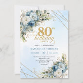 Luxury 80th Birthday Invite Boho Dusty Blue Gold Kaart (Voorkant)