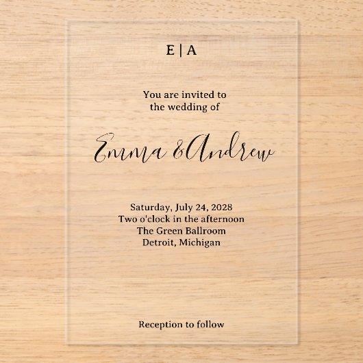 Luxury Acrylic Wedding Invitation | Clear, Custom Acryl Uitnodigingen (Voorkant)