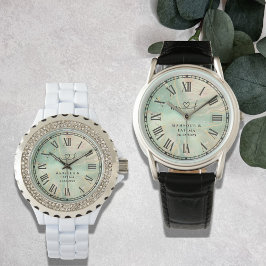 Luxury Aqua Marbled Men's Black Leather Strap Horloge