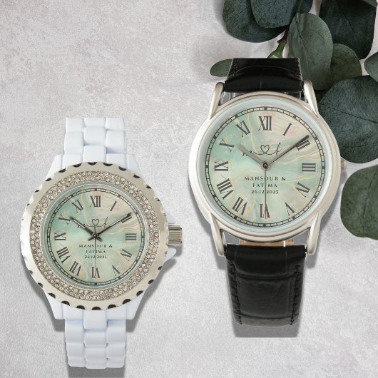 Luxury Aqua Marbled Men's Black Leather Strap Horloge