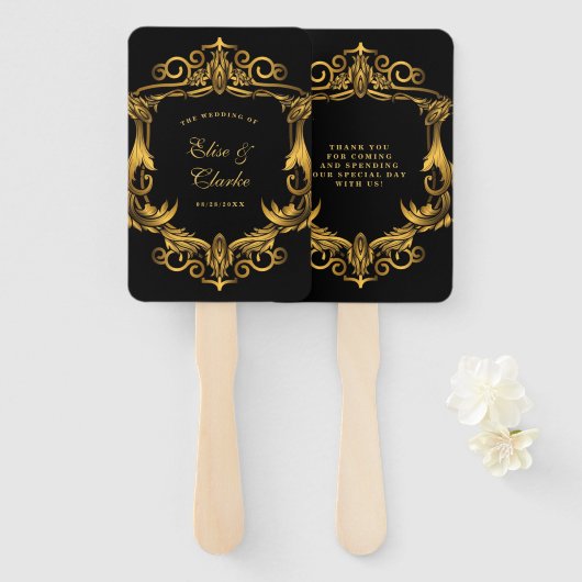Luxury Art Nouveau Black en Gold Royal Wedding Handwaaier (Voorkant en achterkant)