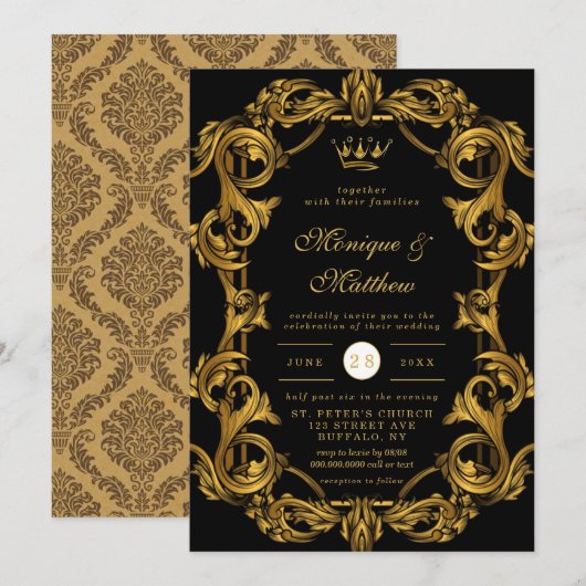 Luxury Art Nouveau Black Gold Royal Wedding Invita Kaart (Voorkant / Achterkant)