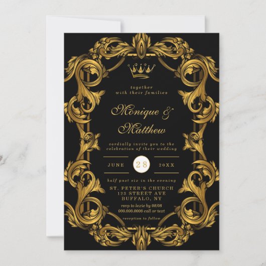 Luxury Art Nouveau Black Gold Royal Wedding Kaart (Voorkant)